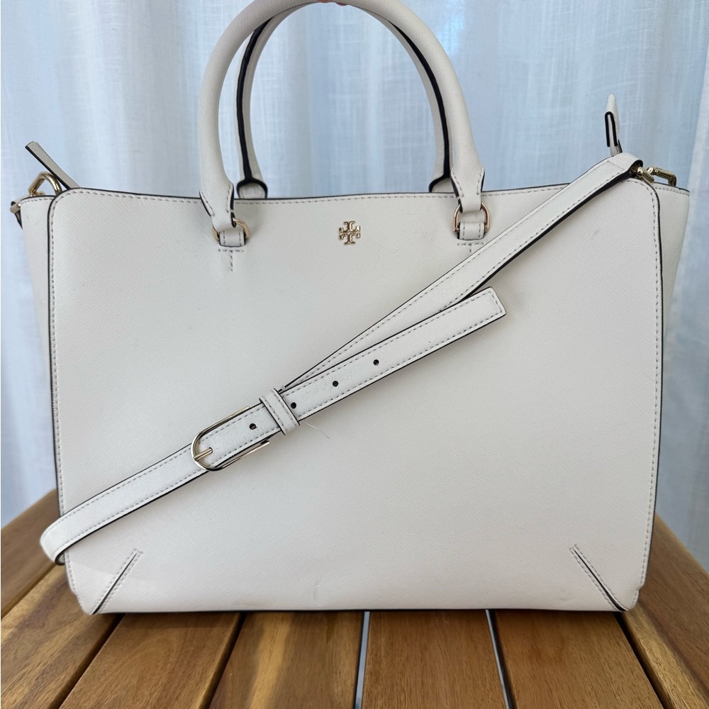 Tory Burch Robinson Large Zip Tote Ivory Saffiano Leather Satchel Crossbody Bag - Picture 1 of 15